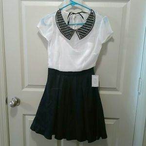New Mini Dress Beaded Peter Pan Collar Black White